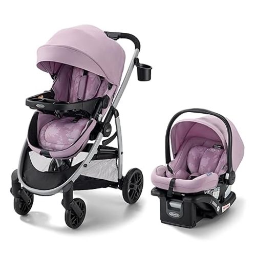 Graco Modes Pramette Travel System, Car Seat and Stroller Combo, Includes SnugRide LX Infant Car Seat and Baby Stroller with True Pram Mode, Reversible Seat, One Hand Fold, Extra Storage, Lilac Mod
