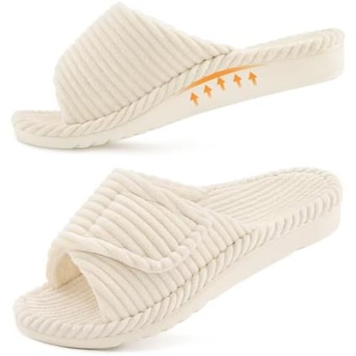 Litfun Orthopedic Slippers for Women Arch Support Indoor House Slippers Adjustable Open Toe Corduroy Bedroom Shoes with Memory Foam for Plantar Fasciitis