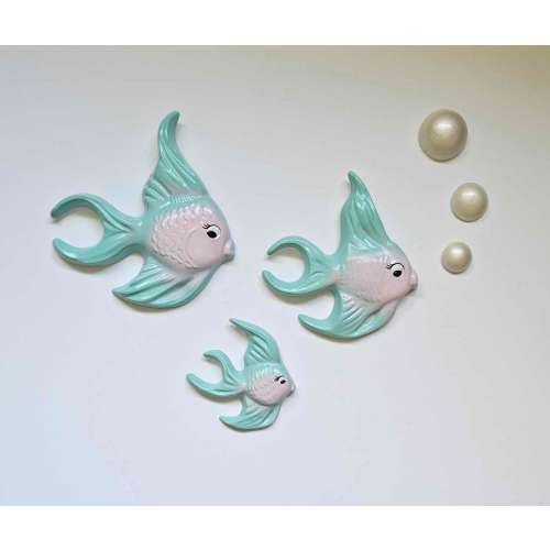 Kitsch Angelfish Wall Plaque Set (Aqua & Pink) - Vintage style, Mid-century, Chalkware, Lefton, Norcrest, Mermaid, Bathroom decor, Fish