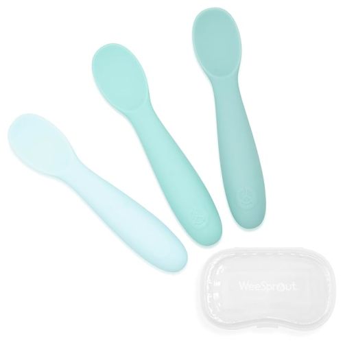 WeeSprout Baby Spoons for Self Feeding 6 Months +, Soft & Durable Silicone Utensils for Sensitive Gums & Teeth, Easy Grip Handles & Shorter Length for Little Hands, 3 Pack + Carrying Case