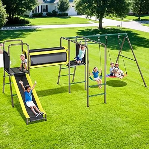 Hapfan 660lbs Swing Set with Slide,Crawl Tunnel and Monkey Bars for Backyard,5 in 1 Metal Swingset Outdoor for Kids Aged 3-12