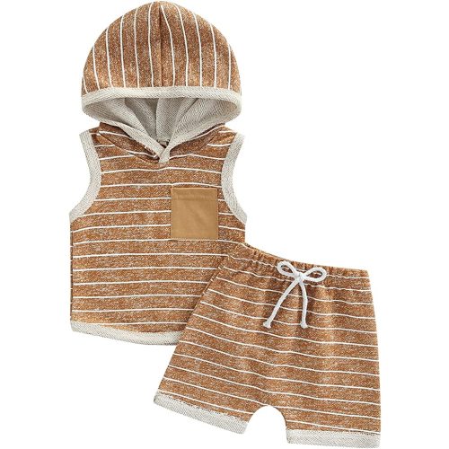 FIOMVA 2Pcs Toddler Baby Boys Summer Outfits Clothes Short Sleeve Hoodie Sweatshirt + Casual Drawstring Shorts Set - Striped Brown - 0-6 Months