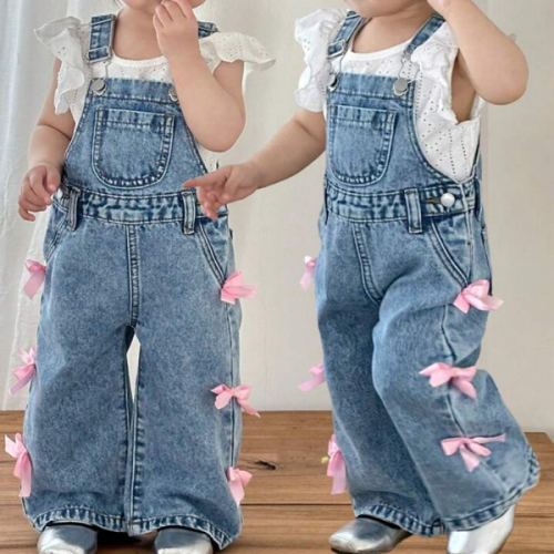SHEIN Baby Girl Pink Bow Decor Loose Fit Blue Denim Bib Overalls,Spring And Summer Casual Vacation Fall Winter