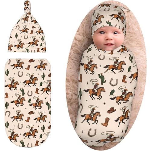 Western Baby Stuff Swaddle Blanket with Beanie Set, Soft Cactus Newborn Receiving Blanket for Shower Infant Gifts Girls Boys