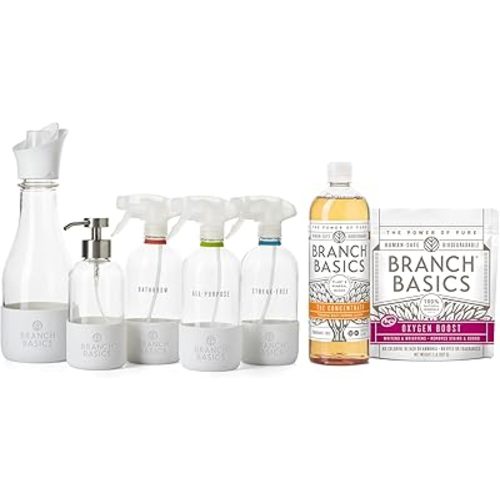 Branch Basics Premium Starter Kit in Glass: All Purpose Cleaner, Glass Cleaner, Bathroom Cleaner, Wash Bottle, and Laundry Bottle (3 Glass Spray Bottles + Concentrate) Fragrance-Free