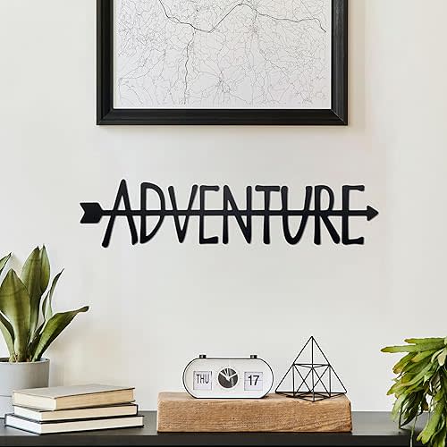 Noxozoqm Adventure Metal Sign - Travel Wall Art Decor for Home, Living Room, Bedroom, Office - Gift for Travel Lovers, 16.2 x 3.8 In, Black