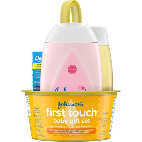 Johnson's First Touch Baby Gift Set, Baby Bath, Skin, & Hair Essential Products, Kit for New Parents with Wash, Shampoo, Lotion, & Diaper Rash Cream, Hypoallergenic & Paraben-Free, 5 Items