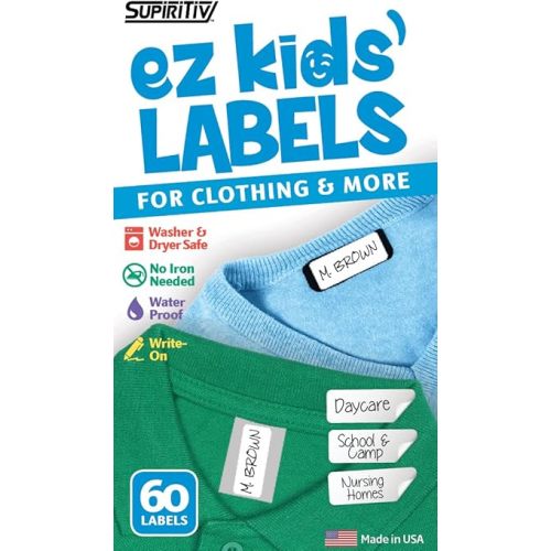 Ez Kids Clothing Labels Self-Stick No-Iron Write-On | Great for Children & Adults | Washer & Dryer Safe | School, Camp, Nursing Care, Toys, Organizing, All Purpose (60-Pack)