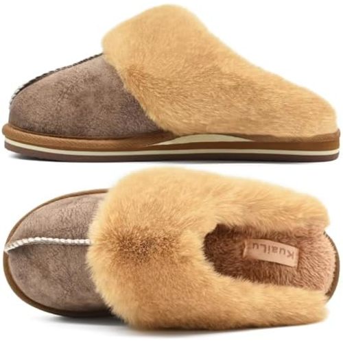 KuaiLu Womens Fluff Dual Memory Foam Slippers Ladies Cozy Arch Support Warm Scuff Slippers Slip on Comfy Winter House Shoes with Non-Slip Indoor Outdoor Hard Sole