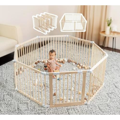 Baby Playpen & Baby Gate for Toddler and Babies, Foldable Wooden Large Shape & Size Adjustable Playard, Play Fence with Locking Gate Activity Center, Toddler Fence Play Area Indoor by Comfy Cubs
