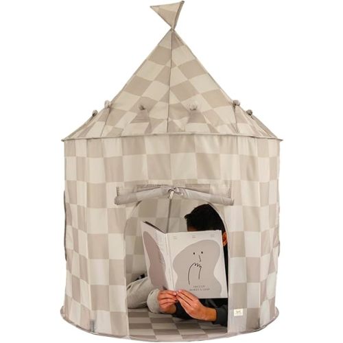 3 Sprouts Kids Play Tent - Sustainable Recycled Fabric – Fun Spacious Childs Playhouse for Indoor Games for Boys & Girls - Durable Fort Pop Up House for Toddlers & Children Age 3-10 - Checkered Beige