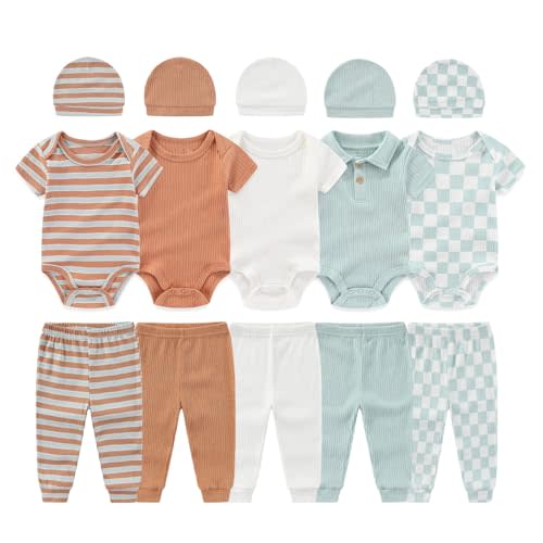 0-12 Months Unisex Baby Pants Sets New born Bodysuit and Hats 15 Pack Boy Girl Infant Comfort Outfit Clothes