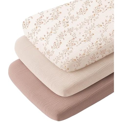 Konssy 3 Pack Muslin Bassinet Sheets for Baby Girls Boys, 35"x20"