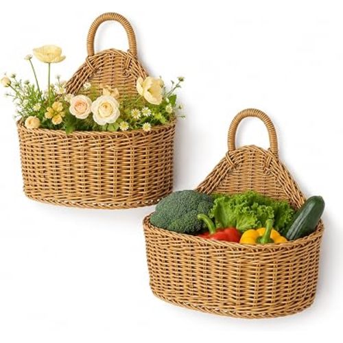 2PCS Wall Hanging Rattan Baskets, Rustic Bohemian Style Hand-Woven Wall Basket, Flower Bin with Handle Kitchen Wall Baske for Kitchen, Living Room, Pantry