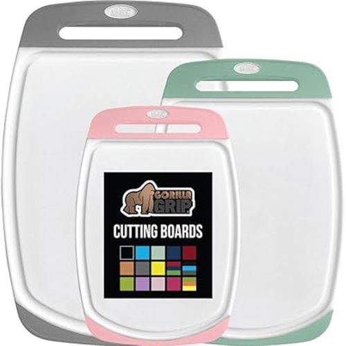 GORILLA GRIP BPA-Free Reversible Kitchen Cutting Board Set of 3, US Designed, Nonporous, Juice Grooves Catch Liquid, Slip Resistant Border, Dishwasher Safe Large Food Chopping Boards, Gray Mint Pink