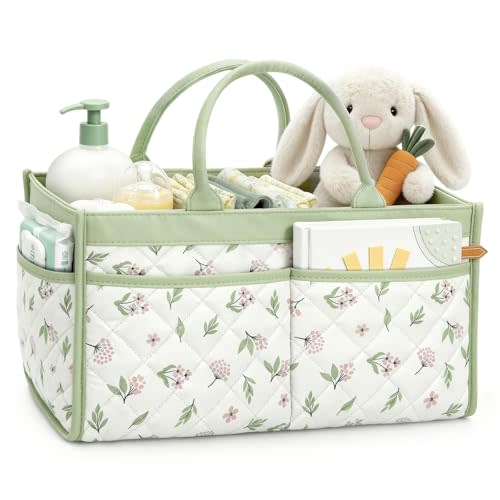 Baby Diaper Caddy Organizer – Stylish Storage Basket for Newborn Essentials, Nursery & Diaper Station, Registry Must-Have, Sage Green Botanical