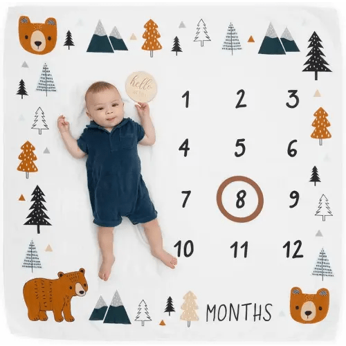Pondering Pine Organic Baby Monthly Milestone Blanket Boy - Growth Age Blanket for 1-12 Months Milestones with Month Marker Frame and Newborn Announcement Disc, Woodland, Bear, 47”x47”