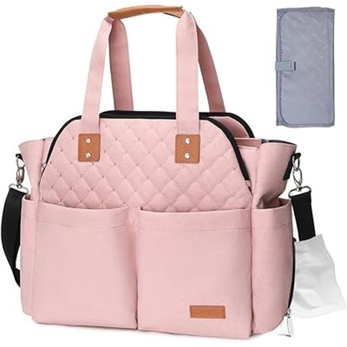 Lekebaby Diaper Bag Tote for Baby - 17 Pockets Large Travel Diaper Tote with Portable Changing Pad, Mom Crossbody Hospital Bag for Labor Delivery, Waterproof, Baby Essentials for Newborn Gifts, Pink