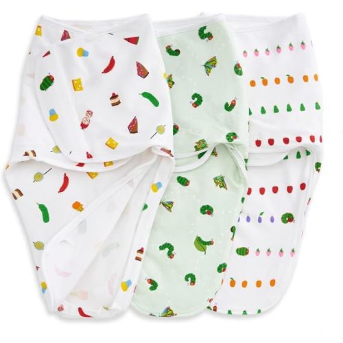 aden + anais Essentials Easy Swaddle Wrap Quick Change with Bottom Zipper, Snug Cotton Knit Baby Wrap Swaddle Blanket for Newborns, TOG 1.0, 3-Pack, Very Hungry Caterpillar, 0-3 Months, Small/Medium