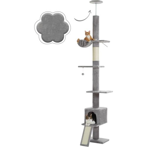 PETEPELA Floor to Ceiling Cat Tree[83"-108"], Cat Tower 5 Levels, Height Adjustable, Cat Scratching Post with Top Perches and Spacious Condo for Large Indoor Cats, Dark Grey