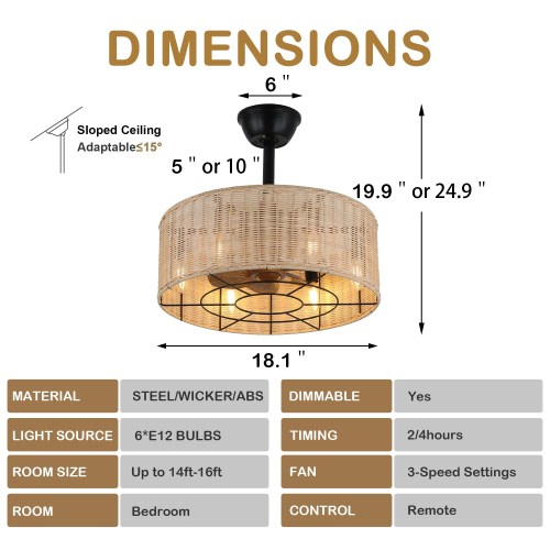 20" Oaks Aura Beige Rattan Wicker Holiday Cottage Ceiling Fan with Lights, Scandi Style Fan lights with Remote