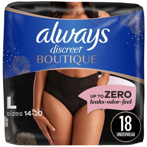 Always Discreet Boutique Incontinence and Postpartum Underwear for Women, Maximum Protection, L, Black, 18 Count HSA/FSA Eligible