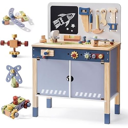 ROBOTIME Kids Tool Bench, Wooden Tool Workbench for Toddler, Tool Bench with Play Tools Set and Large Storage Space, Toy Workbench Workshop for Boys and Girls, Gift for Ages 3+