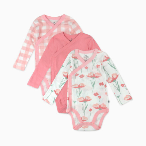 3-Pack Organic Cotton Long Sleeve Side Snap Bodysuits - Strawberry Pink Floral