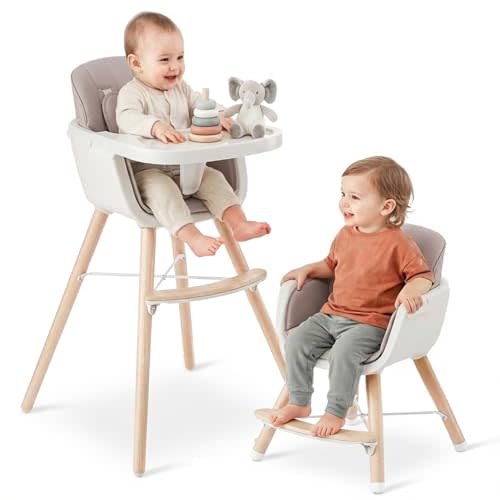 Mallify 3-in-1 Wooden High Chair, Convertible High Chairs for Babies and Toddlers, Baby Highchair with Adjustable Legs & Dishwasher-Safe Tray, Sleek Hardwood & Premium PU Cushion, Pink
