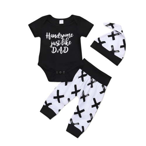 DcoolMoogl 3Pcs Baby Boy Cotton Clothes Newborn Infant Bodysuit Summer Short Sleeve Romper +Pants+Beanie Hat Outfits Set Black 6-12 Months