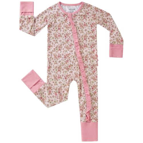 pureborn Baby Girls Sleeper Viscose from Bamboo Zipper Pajamas 0-24 Months | OEKO-TEX Certified, buttery soft, 2 way zipper, breathable, fold-over mittens & foot cuffs, all-season, rufflr trim, infant