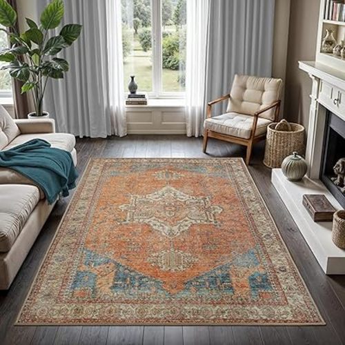 GLN Rugs Traditional Collection - Machine Washable Area Rug, Traditional Washable, Non Slip, Low Pile Chenille Rug, Living Room, Bedroom, Kitchen Rug (6'x9' Burnt Orange)