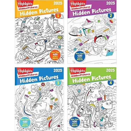 Highlights Hidden Pictures 2025 Activity Book Pack for Kids Ages 6 and Up, 4-Book Set of Travel-Friendly Screen Free Seek and Find Fun, Books Double as Coloring Books