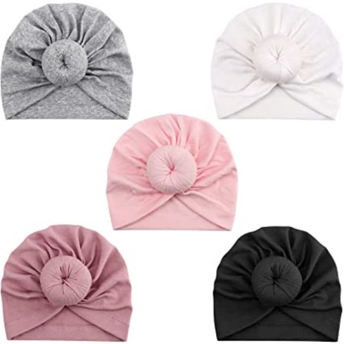 DRESHOW BQUBO 5 Pieces Newborn Baby Turban Hats Bow Baby Infant Beanie Breathable Toddler Cap for Baby Girls