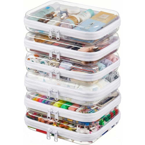 6 Pack Clear Hard Zipper Case Set, Hard Sided Clear Zipper Pouch Organizer, Hardshell Storage Cases with Durable Zipper, All Medium Size, Perfect for Makeup, Electronics and Travel Toiletries