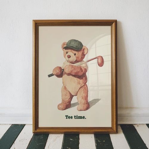 Nationcog Vintage Golf Teddy Bear Wall Art, Retro Watercolor Sports Print for Nursery, Kids Bedroom or Playroom Decor, Cute Golfer Artwork for Baby Boy (Unframed) (12x18)