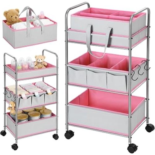 FoldTier 2in1 Baby Diaper Caddy Organizer Cart 3 Tier Large Capacity Metal Utility Bedside Rolling Cart with Divider Newborn Registry Nursery Essential Must Have Bedroom Gift Baby Shower(Pink)
