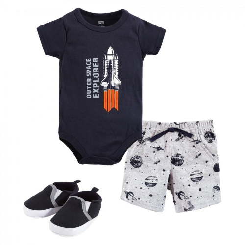 Hudson Baby Infant Boy Cotton Bodysuit, Shorts and Shoe Set, Outer Space, 9-12 Months