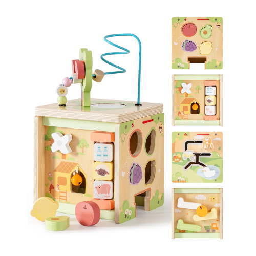 Robud Wooden Activity Cube Toy for Toddlers, 9 in 1 Montessori Baby Activity Cube, Baby Play Cube Toy with Educational Features, Gift for Boys & Girls - 1 Year +