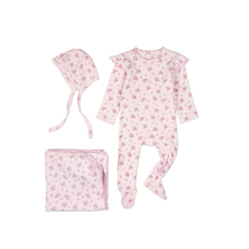 3 Piece Mini-Ribbed Cotton Rich Ruffled-Sleeve Floral Footie Set