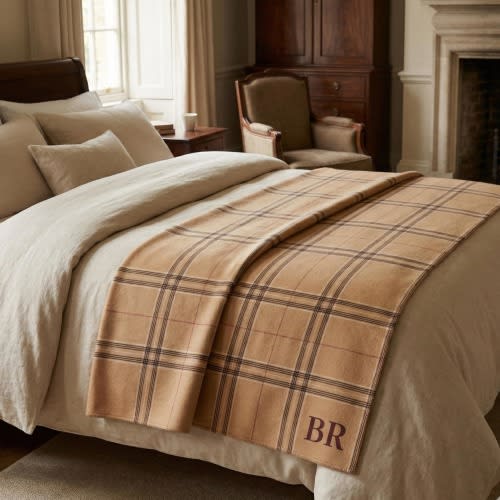 Plaid Blanket, Custom Initials Throw, Beige Tartan design, Home Decor, British Style
