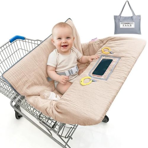 Muslin Shopping Cart Cover for Baby Soft Breathable Full Coverage | 360° Protection, 3-Layer Comfort, Phone Pocket, Machine Wash, Portable Storage Bag for Grocery Carts, Restaurant High Chairs