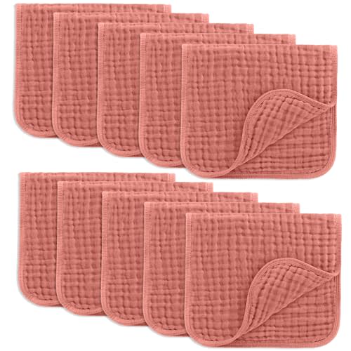Comfy Cubs Muslin Burp Cloths 20" x 10", Pack of 10 - Large, 6-Layer, Ultra Absorbent 100% Cotton for Baby Drool and Messes - Soft, Safe & Gentle Baby Burp Cloths for Boys & Girls - Dusty Rose