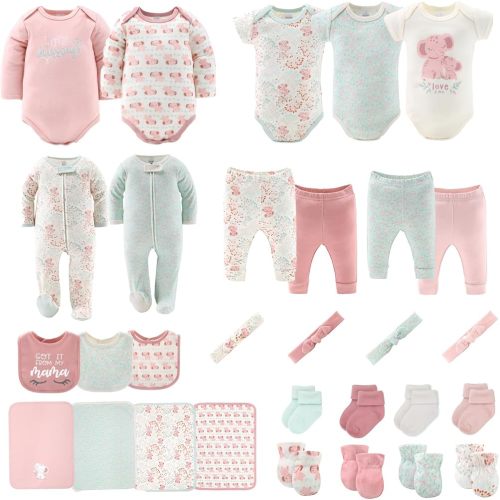 The Peanutshell Baby Layette Gift Set for Girls - 30 Piece Infant Girl Gift Set, Baby Clothes & Essentials Must Haves - Infant Girl Clothes 6-9 Months - Floral Elephant