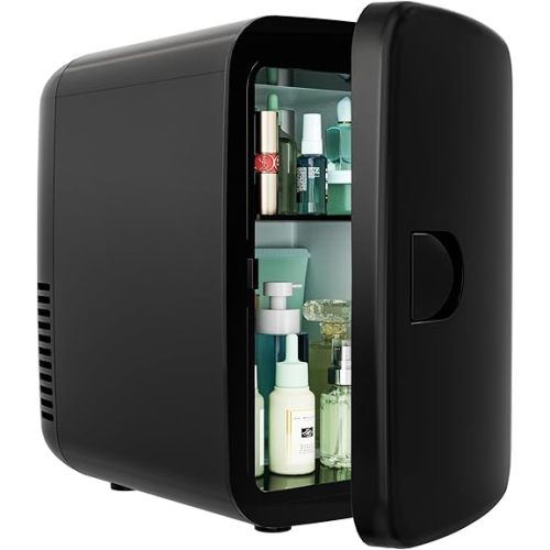 EUHOMY Mini Fridge, 4 Liter/6 Cans AC/DC Small Refrigerator for Skincare, Portable Cooler and Warmer for Skin Care, Cosmetics, Beverage, 4L Makeup Mini Fridge for Bedroom, Car, Office, Dorm, Black