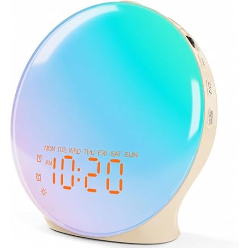 JALL Full Screen Dimmer Sunrise Alarm Clocks for Bedrooms, Wake Up Light with FM Radio, 25 White Noise Sleep Sounds, Bluetooth Speaker, Dual Alarms Bedside Clock for Heavy Sleepers