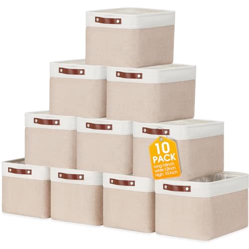 Uiifan 10 Pcs Collapsible Fabric Storage Baskets, 16 x 12 x 10 Inch, Beige | Collapsible Storage Bins, Foldable Storage Basket with Handles, Cloth Organizer Linen Shelf Basket for Shelves Closet Nursery
