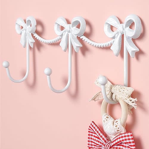 Cute Bow Hooks for Girls: White Triple Hanger Wall Mount for Girl's Bedroom Bathroom for Hanging Towel Bag Robe - Metal Bows 3 Hooks for Coquette Room Decor