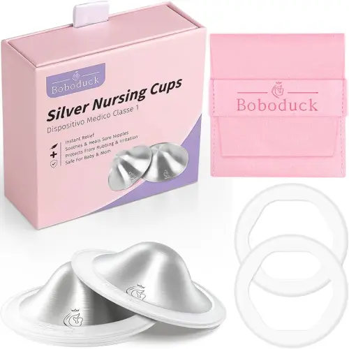 Boboduck The Original Silver Nursing Cups - 925 Silver Nipple Covers Breastfeeding - Protect and Soothe Sore Nipples - Silver Nipple Shield Guards with Soft Silicone Ring (Regular)