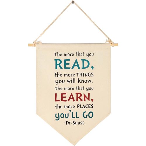 the More that You Read Nursery Banner-Canvas Hanging Pennant Flag Wall Sign Decor Gift for Baby Kids Boy Girl-Nursery Kid's Room Playroom Wall Decor